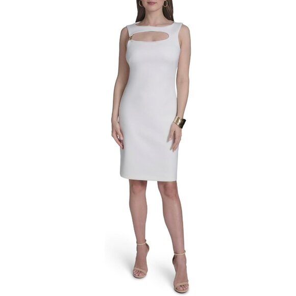 New H HALSTON White Womens Sleeveless Open Neckline Scuba Dress sz 2 NWT /218 - Picture 1 of 11